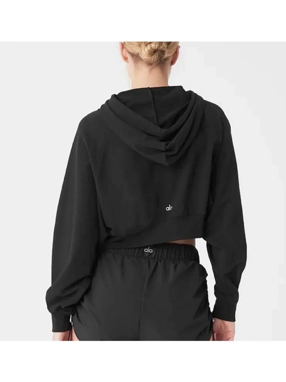 Alo Cropped Double Take Hoodie Black Hooded Hood Pullover Stretchy Sweatshirt S